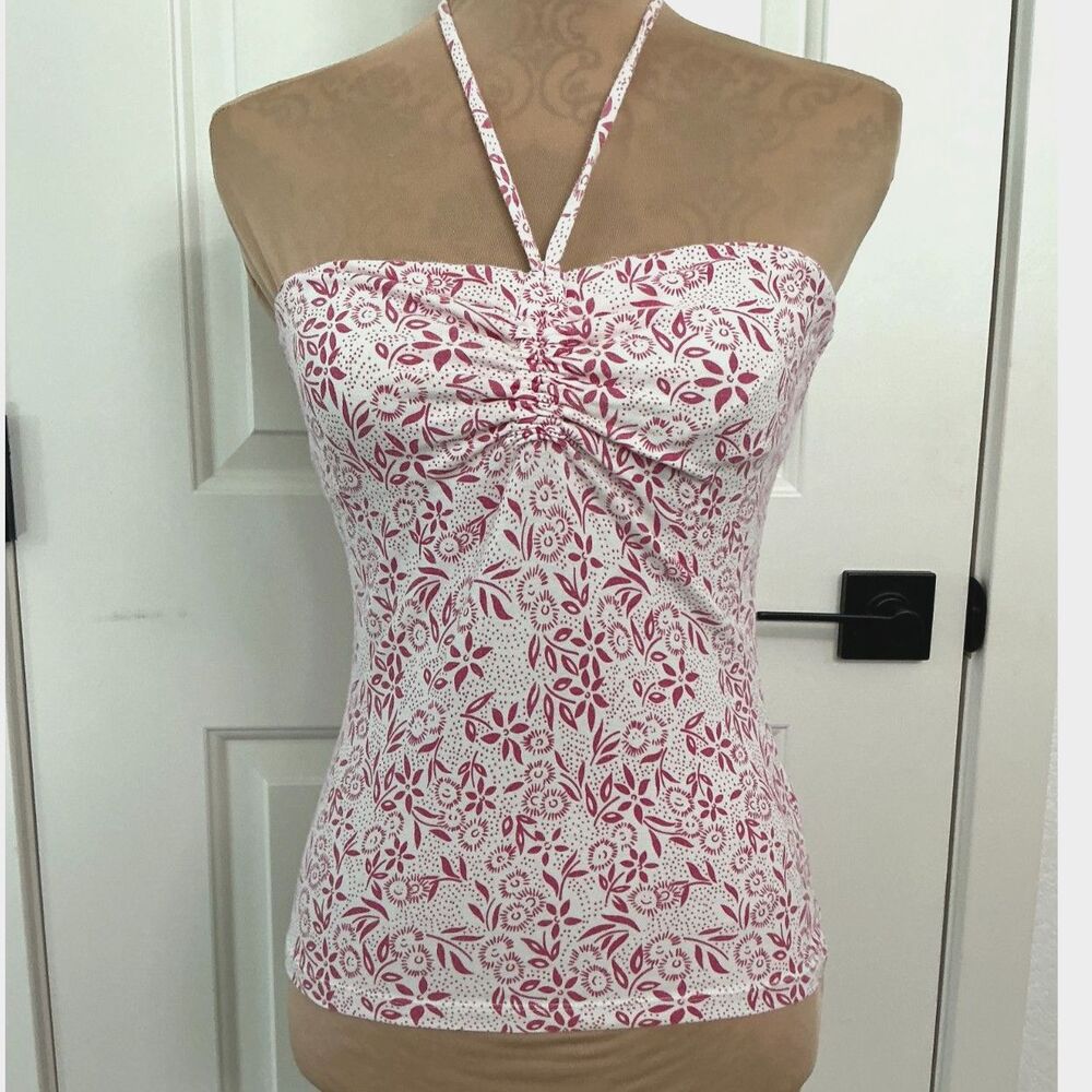 Guess Jeans Women’s M Pink Floral Halter Tube Top Ruched Y2K Stretch Cotton
